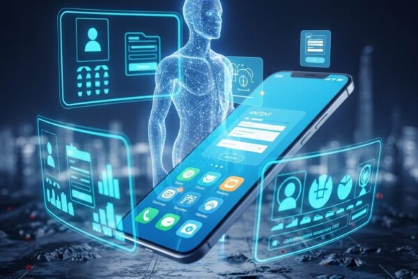 AI Phone Mode futuristik mobil texnologiya konsepti — holografik ekranli smartfon