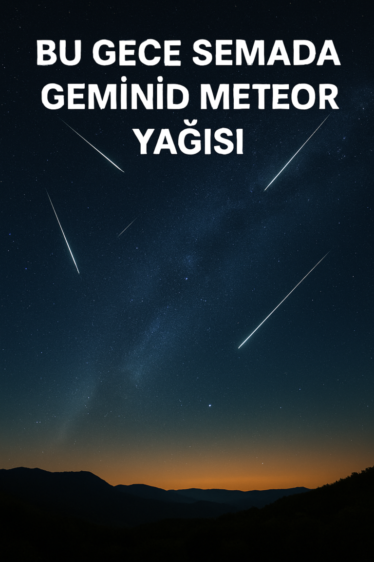Gecenin qaranliginda sehmada Geminid meteor yagisinin parlaq izleri gorunur