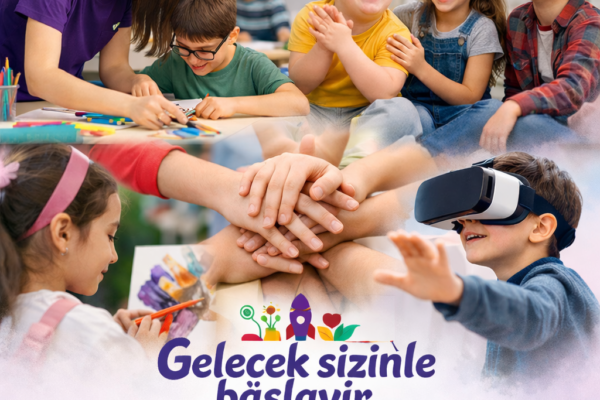 Usaglar sosial faaliyetlerde, resim ve VR texnologiyasi ile eylenirler, “Gelecek sizinle baslayir – oyren, boyu, paylas” yazisi ile.