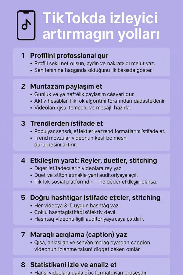 TikTokda izleyici artirmagin yollarini gosteren infografik