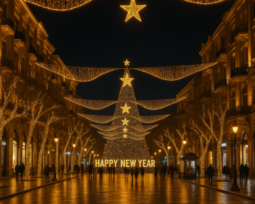 Baki merkezinde yeni il isiqlandirmasi ile bezedilmis seher kucesi ve LED dekorasiyali bayram agaci gecə goruntusu