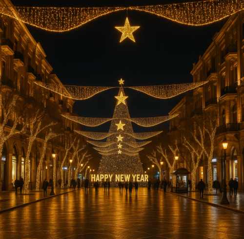 Baki merkezinde yeni il isiqlandirmasi ile bezedilmis seher kucesi ve LED dekorasiyali bayram agaci gecə goruntusu