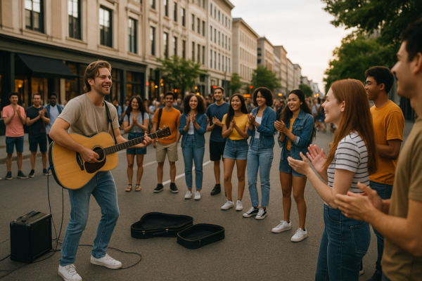 Street Music Pop-Up mini konsertinde genc musiqicinin kucede ifa etmesi ve tamaşaçı qrupunun alkislama anı