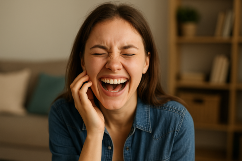 Gulerek sevincini ifadə eden genc qadin