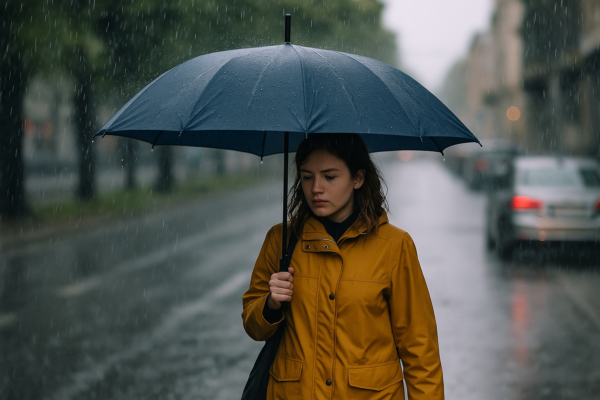 Bakida yagintili havada zontikle hereket eden qiz