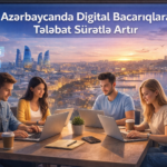 Azerbaycanda genc insanlar laptoplarla isleyir, digital bacariqlar, online is ve remote is imkanlarini gosteren vizual