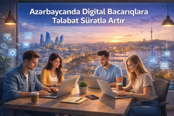 Azerbaycanda genc insanlar laptoplarla isleyir, digital bacariqlar, online is ve remote is imkanlarini gosteren vizual