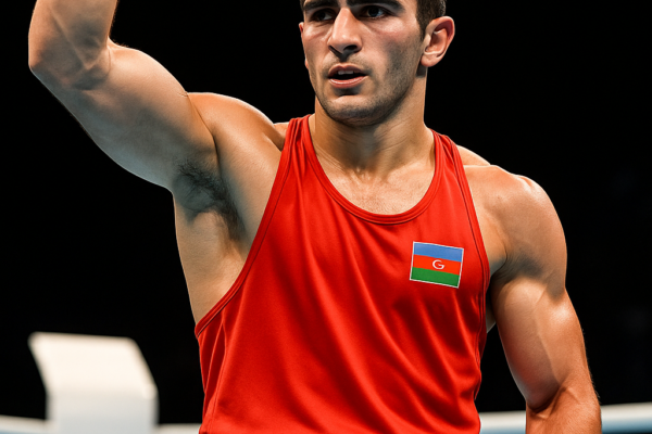 Boks rinqinde Azerbaycanli idmanci Subhan Mamedov qelebeden sonra elini yuxari qaldirib
