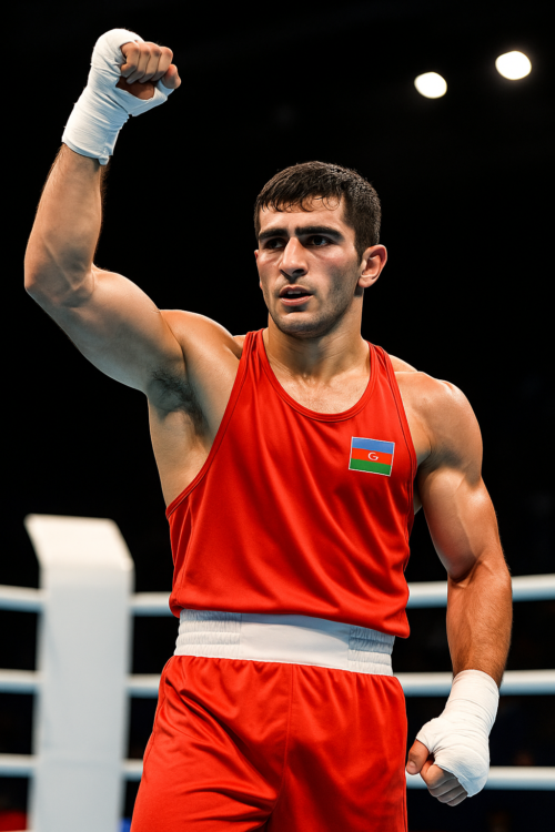 Boks rinqinde Azerbaycanli idmanci Subhan Mamedov qelebeden sonra elini yuxari qaldirib